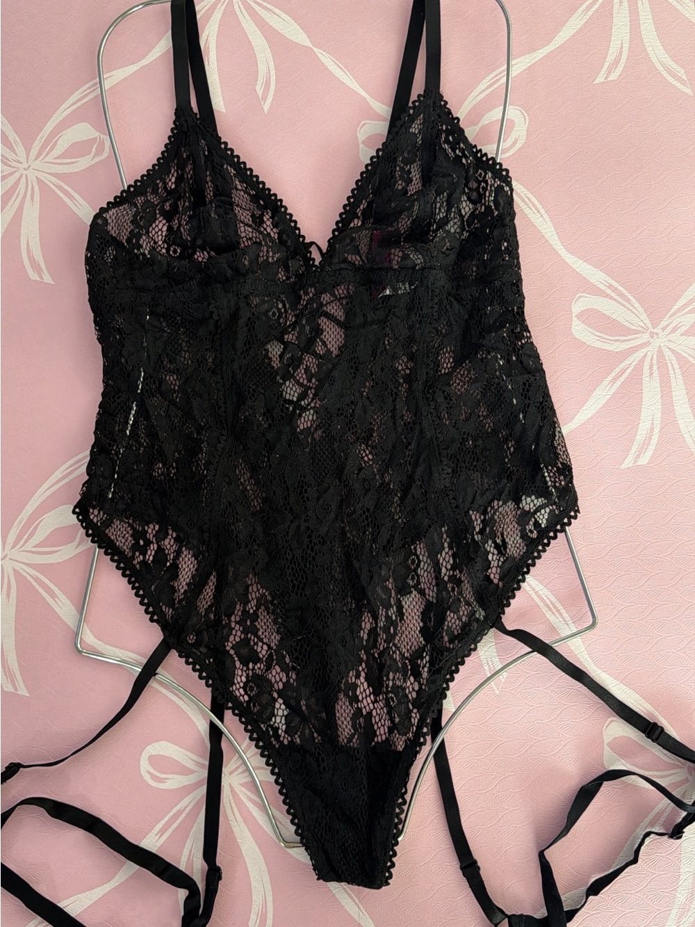 Adore Me Black Lace Bodysuit Teddy with Garter Straps